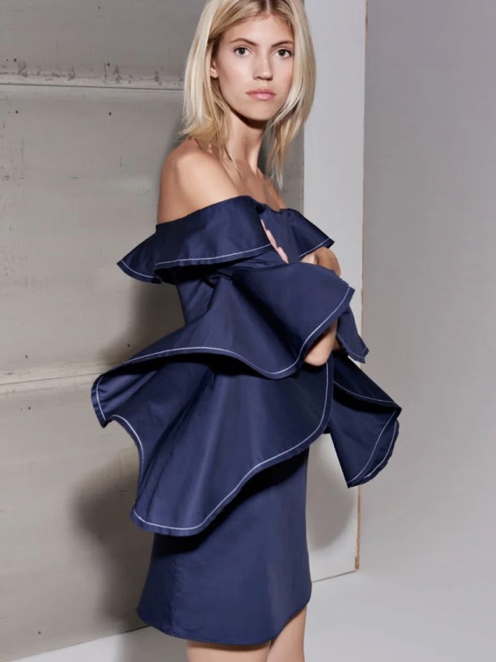 ALEXIS Rachel Navy Off-Shoulder Strapless Ruffle-Sleeve Mini Dress